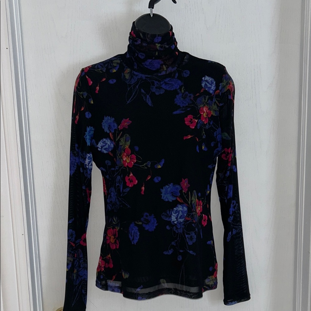 INC Floral Black Long Sleeve Top Small
